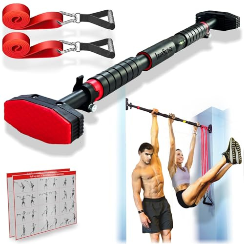 IRONSURGE Pull Up Bar for Hallway or Doorway 6-piece Set with Two Attachable Resistance Bands/Handles, Training Manuals, No Screws Chin Up Bar, Max 680lbs, Width options: 27-37, 37-47; 46-53
