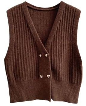 Sleeveless Sweater Vest,Womens Cable Knitted Sweater Vest Fashion Sleeveless Pullover Waistcoat V Neck Knitted Jumper Gilets Square Buttoned Cardigan Jacket Tank Top Solid Color Knitwear,Rose Brown,