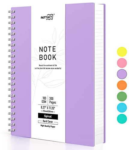 RETTACY A4 anteckningsblock, anteckningsbok, spiralbundna anteckningsböcker, 300 ark/150 sidor att skriva, 100 g/m² collegelinjerat papper, PVC-inbundet lock, 21,5 x 27,9 cm – lila