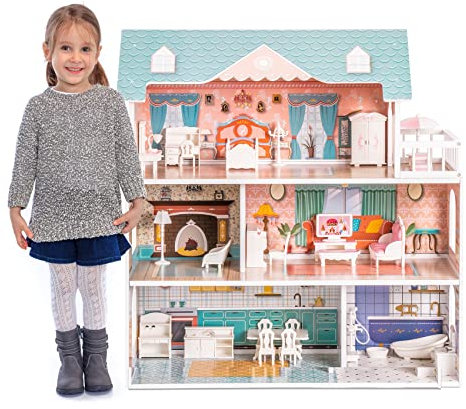 ROBUD Puppenhaus Holz Kinder Dollhouse, Holz Puppenhaus ab 2 3 Jahre Mädchen Spielzeug Puppen Haus mit zubehör Dollhouse Groß, Geschenk Mädchen 3-6 Jahre Kinderspielzeug für Kinder