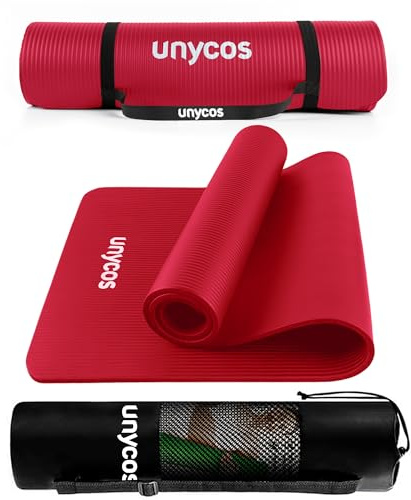 unycos - Rutschfeste Yogamatte | Hohe Dichte 6/10/15 mm, Gymnastikmatte mit Tragegurt und Schultergurt【inkl. E-Book】Hautfreundliche Fitnessmatte für Pilates, Gym (Rot, 183 * 60 * 1 cm)