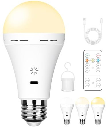 USB Aufladbare Glühbirne Mit Fernbedienung, 3 Farbtemperaturen, E27 LED Dimmbare Batterie Glühbirne, 7W Touch Control Lampe Mit Timing Funktion, Akku Lampen Mit Haken, 2600mAh,1 pack