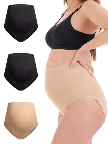 Herzmutter Umstandsslips nahtlos - OekoTex 100-2er & 3er Set - Schwangerschafts Unterhose - Überbauch - Unterwäsche - Seamless-Stützend - 5830 (M-L, Schwarz/Schwarz/Beige)