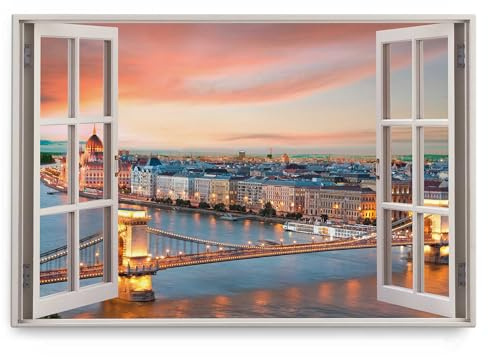 Paul Sinus Wandbild 120x80cm Fensterbild Budapest Altstadt Fluss Stadtlichter Horizont Sonnenuntergang
