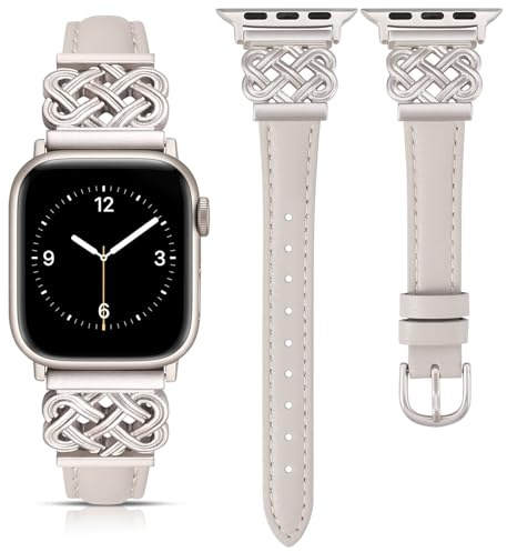 TOYOUTHS Leather Strap Compatible with Apple Watch Straps 38mm 40mm 41mm 42mm Women, Slim Thin Leather Strap with Dressy Interlock Buckle for iWatch 11 10 9 8 7 6 5 4 SE 3 2 1, Starlight/Starlight