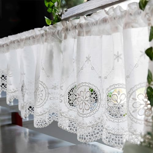 Ricemru Landhausstil Scheibengardine Kurzstores Halbtransparent Kurz Weiß Mandala Blumenmuster Bistrogardine Baumwolle Französischer Boho Kleine Gardinen für Fenster Wohnzimmer Küche 200x50