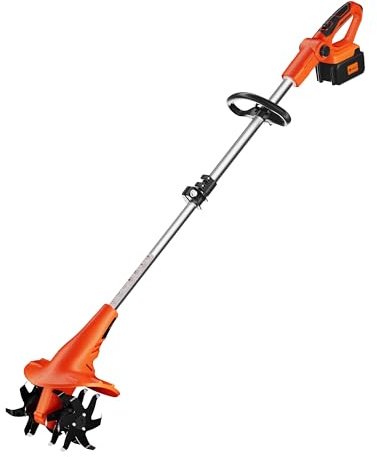 Ukoke Cordless Tiller Cultivator 40V 2.0 A Battery 280 max RPM Powered Tiller Cultivator, w/24 Steel Blade Cultivate Max Tilling 5'' deep Path by 7.8'' Wide, Orange, CT1940