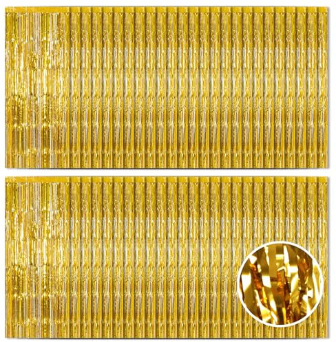Ohiyoo 50 Stück Golden Lametta Vorhänge 1 x 2.5M Tinsel Curtain Folien Fransen Metallic Lametta Vorhange Silber für Geburtstag Partydekor Verlobung Hochzeit Weihnachten Neujahr Dekoration (Golden)