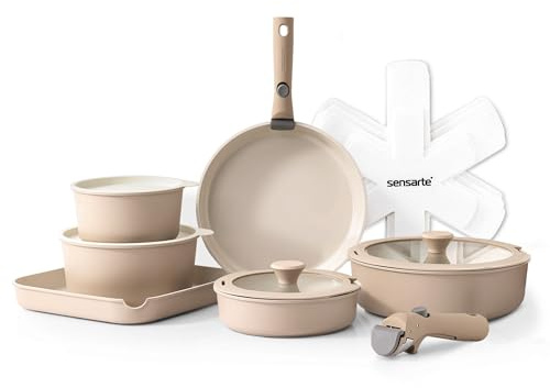 SENSARTE 17 Pièces Lot Poele et Casserole Induction, Revêtement Céramique Antiadhésif, Batterie de Cuisine avec Couvercle, Poignées Amovibles，Empilable, Compatible Lave-vaisselle