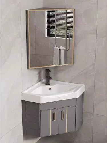 Waschbecken Mit Unterschrank Hängend Badezimmerschrank Mit Spiegel Gäste Wc Waschbecken Mit Unterschrank Eckschrank Mit Keramikwaschbecken & Spiegelschrank, Wandmontiertes Bad-Waschbecken-Set(Color:Gr