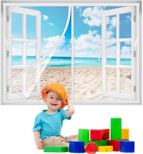 Magnet Fliegengitter Set für BalkonFenster 195x170 cm, TerrassenFenster Fliegenvorhang & Insektenschutz Fenster mit Fliegenklatsche Klebeband Weiß Neuste-Version
