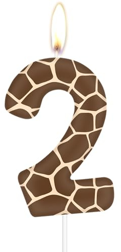 Velas de cumpleaños de jirafa, 2 velas de cumpleaños de jirafa, vela marrón número 2 para pasteles, decoraciones de pastel de jirafa, temática de animales de la selva para decoración de fiesta de