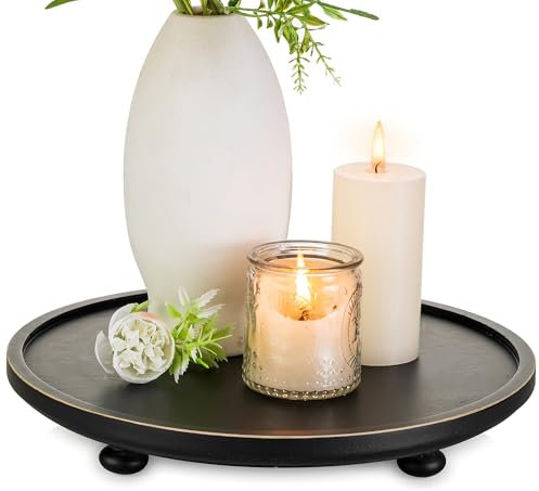 Hanobe Bandeja de madera para tartas: elevador de madera redonda rústica negra para mesa de café, bandeja decorativa de granja para encimera de cocina, baño, exhibición, magdalenas, velas y plantas
