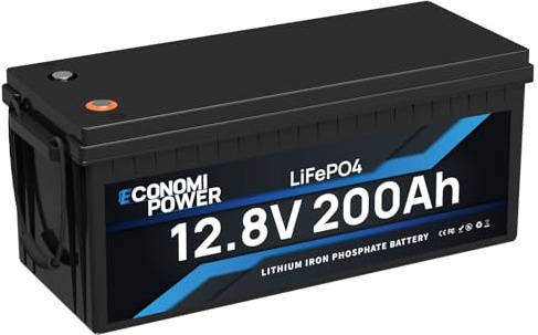 EconomiPower Lifepo4 Lithium Batterie 12V 200Ah, 2560Wh Energie eingebaut in 200A BMS, Max 15000 Zykluszeiten und 10-Jahres Lebensdauer, Ideal für Wohnmobil, Solaranlage, Marine, Off-Grid
