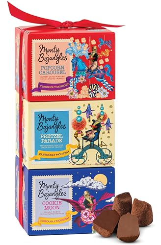 Monty Bojangles Cocoa Dusted Truffles Gift Tower (Movie Night - 3 x 100g Pack) 3 Luxury Chocolate Truffle Boxes - Popcorn Carousel, Pretzel Parade & Cookie Moon - The Perfect Chocolate Box Selection
