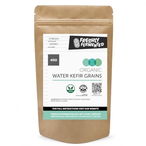 Freshly Fermented Organic Water Kefir Grains 40g — Live Active Tibicos Cultures, Vegan Friendly, Organic Food Federation Certified Organic, Brew 1.5-2L Fizzy Drink in 24-48 Hours, UK Grown