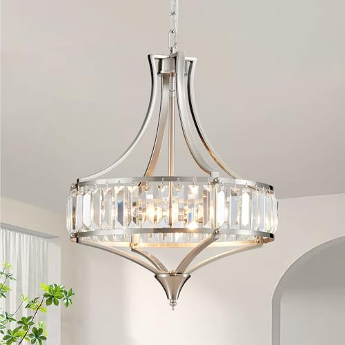 Majhoiw Modern Crystal Chandelier, 4-Light Pendant Light, Height Adjustable 40cm Dia Round Light Fitting in Brushed Nickel for Dining Room, Living Room, Hallway, Foyer
