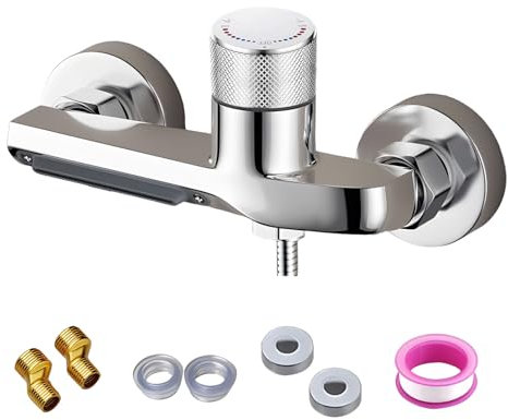 Mitigeur Thermostatique Douche, Murale Robinet Thermostatique de Douche avec 2 Sorties, Mitigeur de Douche en Laiton avec Bouton Sécurisé, Chromé, Robinet pour Douche & Baignoire