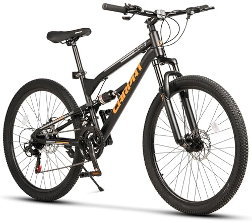 Bicicleta de montaña para hombre, mujer, niña, niño, adecuada a partir de 150 cm, 21 marchas, desviador Shimano Tourney TZ, cambio de cadena, bicicleta juvenil MTB Hardtail (negro y naranja, 26