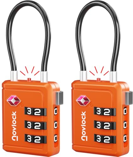 TSA Bagagelås med Alertindikator – Kombinationslås med Flexibelt Kabellås – För Resväskor, Kabinväska, Ryggsäckar, Bagage och Skåp – 2-pack orange