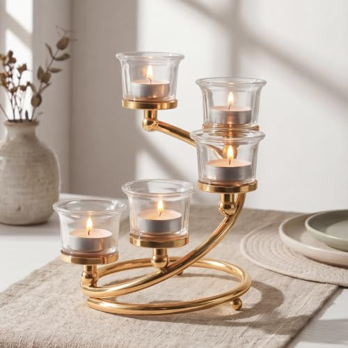 Kolnlala 1Pc Gold 5-arm Metal & Glass Tea Light Candle Holders for Table Centerpiece, Glass Votive Tealight Holders/Candelabra Candlestick Holders for Wedding,Party, Anniversary,Christmas