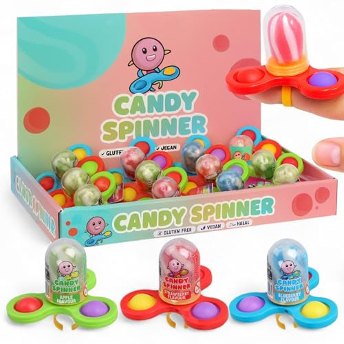 MIJOMA Candy Lolly Spinner set om 12 – klubba med fidget spinner & ring, återförslutningsbar – äpple, jordgubb och blåbär – vegansk, halal, glutenfri – barnsnacks med lekglädje
