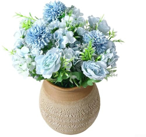Zeroupshop Arreglo floral artificial de seda de hortensias de peonía azul claro, paquete de 4 unidades, decoración del hogar, resistente a los rayos UV, 7 cabezas de ramo floral (azul)
