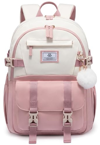 LOVEVOOK Schulrucksack Teenager Mädchen 10-18 Jahre mit Großem Flaschenfach | Rucksack Damen Multi-Tasche Schulranzen Schultasche, Wasserdicht School Bag 15,6 Zoll Laptop für Schule Uni, Khaki Beige