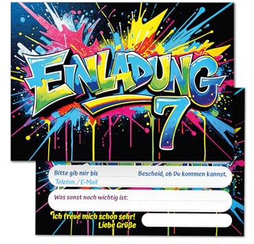 Junaversum 12 Einladungskarten zum 7. Kindergeburtstag Graffiti Junge Mädchen Kinder coole bunte Einladungen siebte Geburtstag Geburtstagseinladungen Kids