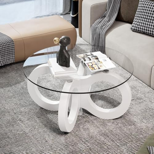 TWSOUL Mesa de centro de cristal, mesas de centro redondas, elegante mesa de cristal con estructura curvada, mesa de salón moderna, mesas de centro de lujo, 80 cm, para salón (patas blancas)
