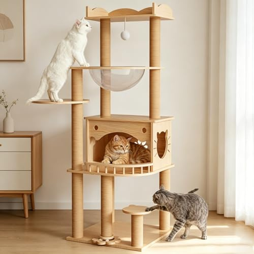 KVIDA Kratzbaum Holz 144 cm für große Katzen, extra stabil & belastbar, Massivholz, breite Liegeflächen, Katzenhöhle mit Hängematte
