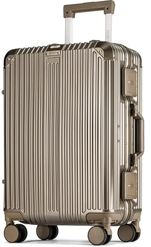 POSH Styv polykarbonat resväska med aluminiumsram – Aluminium resväska: handbagage, medelstorlek – Vagnar med dubbel TSA-lås och 3 skyddsfodral, Guldfärgad, Medium