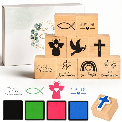 Giftota 9 Stück Stempel Holz mit 4 Stempelkissen, Geschenke zur Konfirmation Kommunion Taufe, Stempel Set für Geschenkverpackung Grußkarte Einladung DIY Basteln