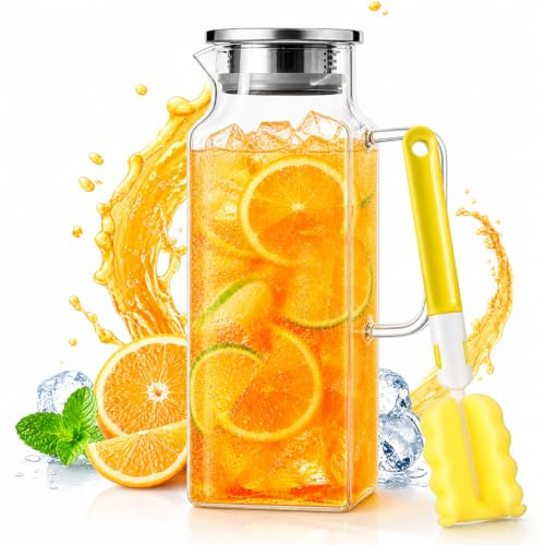 FTISSLY Jarra Agua Cristal Cuadrada con Tapa 2 Litros botella cristal de Borosilicato para Jugo, Agua Nevera y Frigorífico Jarra de Agua Vidrio 2L con Doble Vertido y Mango, 27,2x9,5cm + un Cepillo