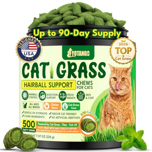 Cat Grass Treats Chews, Cat Treats for Indoor Cats 500 Ct, Hairball Control | Hairball Treatment for Cats with Fish Oil, Taurine & B Vitamins for Skin & Coat, Digestion & Dental Care, Chicken Flavor.