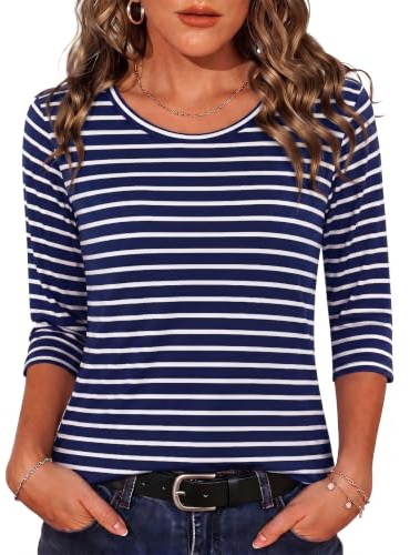 Crewhpo Tee Shirt Femme Manches 3/4 Col Rond Rayé Coupe Ample Chic Basique