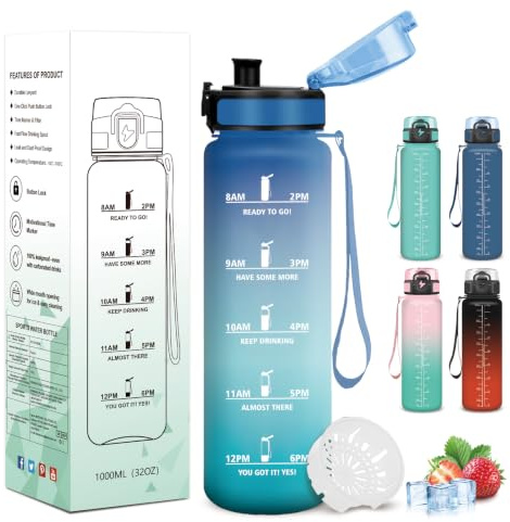 Mujigaga Borraccia 1 litro, Borraccia Palestra con Indicatore del Tempo, Facile da Trasportare, Borracce Motivazionale, A Prova di Perdite Bottiglia Graduata per Ufficio, Yoga, Outdoor