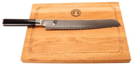 Palatina Werkstatt ® Kai Shun Classic Angebotsset | ultrascharfes DM-0705 Brotmesser | 23 cm Klinge aus 32-Lagen Damaststahl + Schneidebrett aus Eichenholz 30x22 cm