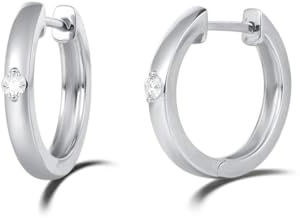 Solide 14 Karat 585 Weiß Gold Creolen Huggies Ohrringe mit Natürlichem Diamant 0,05 ct Echt Schmuck für Damen Mädchen - Durchmesser: 14 mm