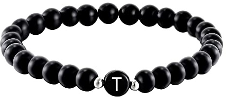 Kim Johanson Partner Perlenarmband mit Buchstabe aus Onyx Stein für Pärchen I Naturstein Freundschaftsarmband in Schwarz I Geschenk für Paare mit Gravur I Für Frauen und Männer inkl. Schmuckbeutel
