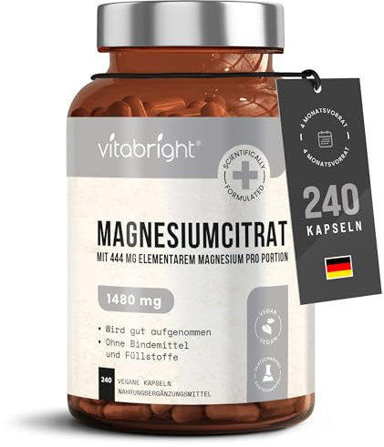 Magnesiumcitrat Kapseln 1480mg | 240 Kapseln | Magnesium Citrat Pur Hochdosiert Magnesiumcitrat Pulver 444mg Elementares Magnesium Citrate Pulver | Hohe Bioverfügbarkeit Komplex | Vegan | VitaBright