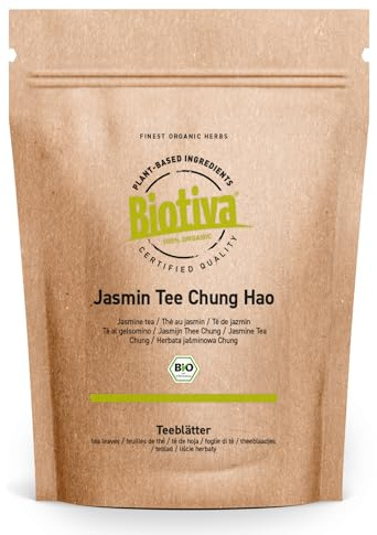 Biotiva Té de jazmín orgánico 100 g - hoja verde oscuro, muy intercalada con brotes de hojas blancas - DE-ÖKO-005