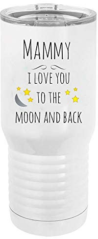 Mammy Mug isotherme à double paroi en acier inoxydable avec couvercle transparent et inscription « I Love You to the Moon and Back » Blanc