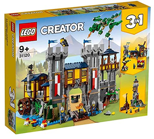 LEGO Creator 3in1 Medieval Castle Toy to Tower or Marketplace, with Skeleton, Dragon Figure, 3 Minifigures and Catapult 31120
