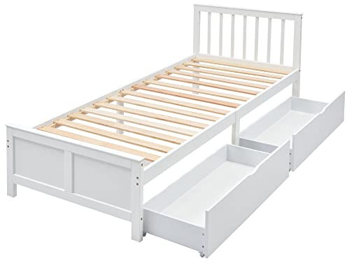 I@HOME Holzbett, Doppelbett, Jugendbett, Erwachsenenbett, mit Schubladen zur Aufbewahrung, Rahmen aus Kiefernholz, weiß 90x200cm