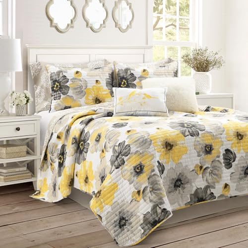 Lush Decor Leah Reversible Floral Quilt Set, 8 Piece Set, Full/ Queen, Yellow & Gray - Charming Floral Bedding Set With Pillow Cases, Decorative Throw Pillows & Bed Skirt- Large Watercolor Flowers