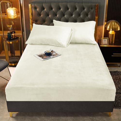 Sábana bajera de felpa 90 x 200 cm, color beige y blanco, cálido, para invierno, con somier, de rizo, de microforro polar, juego de sábana bajera ajustable de 90 x 200 cm, para colchón alto