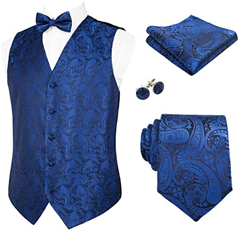 Alizeal Herren Weste Krawatte Hanky Manschettenknöpfe und Fliege Set Paisley Classic 5pc, Royal Blau-3XL