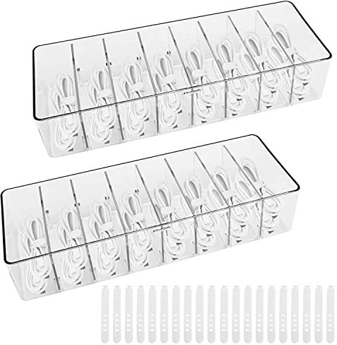 2 Stück Kabel Aufbewahrungsbox, Kabel Organizer Box 8 Fächer,Cable Management Box mit 20 Kabelbindern,für Schreibtisch Aufbewahrung, Büro, Heimgebrauch (Klar 2 ohne Deckel + 20 Kabelbinder)