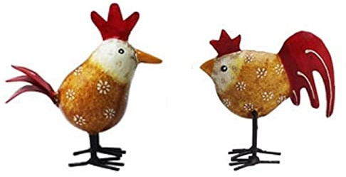 ETC frühlingshaftes kleines buntes Deko-Huhn und Deko-Hahn Metall bemalt im 2er Set in verschiedenen Farbvarianten (braun)
